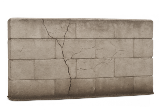 Cracked weathered concrete wall barrier with damage