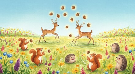 Obraz premium Whimsical Woodland Scene of Adorable Forest Creatures Including Deer Squirrels and Hedgehogs Gathering Acorns in a Vibrant Meadow Under a Blue Sky
