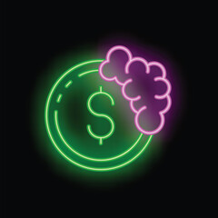 Neon illustration representing the concept of financial intelligence with a brain and a dollar coin, symbolizing smart investment and wealth management