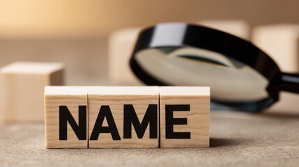 A magnifying glass placed behind three blocks spelling NAME,