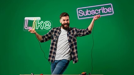 Engaging Carpenter with Neon Signs - A cheerful carpenter stands against a vibrant green backdrop, holding neon signs that say "Like" and "Subscribe. - Powered by Adobe