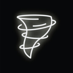 White neon sign showing a tornado spinning against a black background