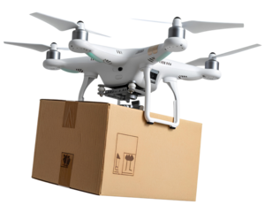 Drone carrying a box, isolated on a transparent background.