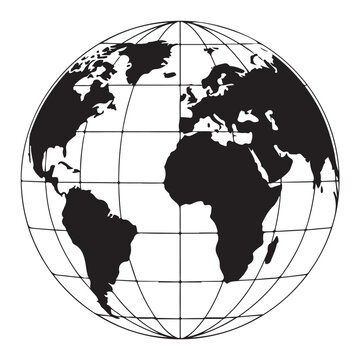 Black and white illustration of a globe showing continents and oceans with latitude and longitude lines.