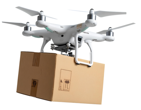 Drone carrying a box, isolated on a transparent background.