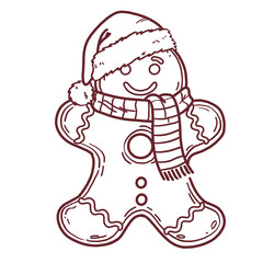 Cute Gingerbread Man Wearing Santa Hat and Scarf Christmas Line Art Illustration