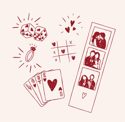 Romantic love elements dice, heart shapes, ring, cards, photo drawing in cute vintage style with red on beige background