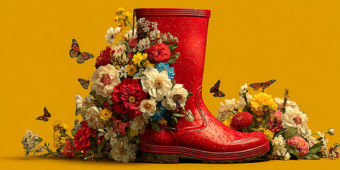 Red rubber boot with colorful flowers and butterflies on yellow background, vibrant and fresh