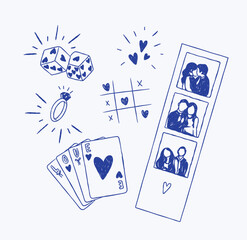 Romantic love elements dice, heart shapes, ring, cards, photo drawing in cute vintage style on blue background