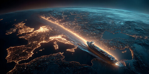 Glowing container ship sails through night ocean with illuminated coastlines and cities