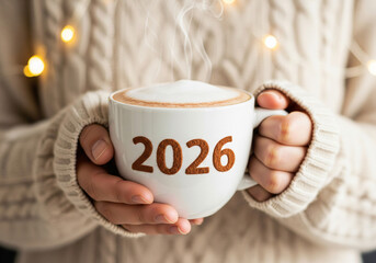 Top view of woman in white sweater holding glass with 2026 latte art text written on it. Warm new year concept for coffee shop brand and holiday promotion.