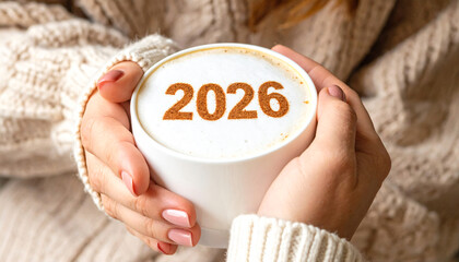 Top view of woman in white sweater holding glass with 2026 latte art text written on it. Warm new year concept for coffee shop brand and holiday promotion.