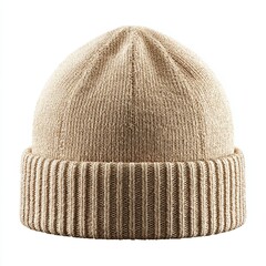 Beige Knitted Beanie Hat on White