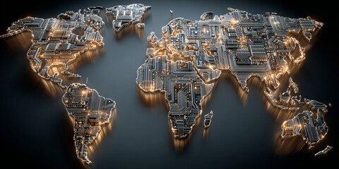 Glowing circuit board world map with intricate electronic pathways and illuminated connections