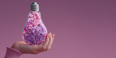 Delicate female hand holding light bulb filled with vibrant pink flowers on purple background