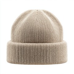 Beige Knit Beanie Hat Isolated on White