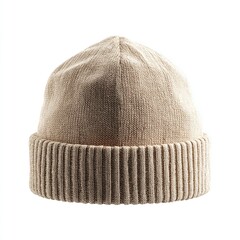 Knitted Beige Beanie Hat on White Background