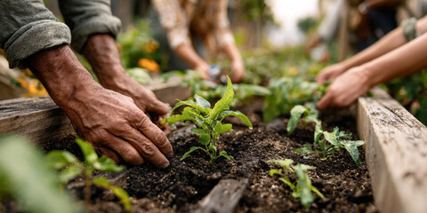 Close up of hands planting seedlings in soil, showcasing teamwork and connection to nature