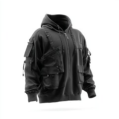 Black futuristic hoodie with multiple pockets on white