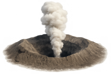 Crater volcano erupting smoke plume on transparent background