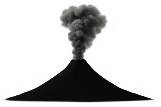 Volcano erupting smoke plume on transparent background
