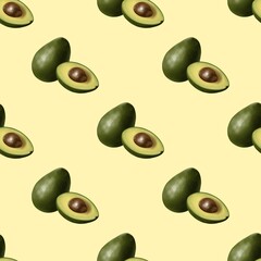 Seamless pattern with avocados on a yellow background