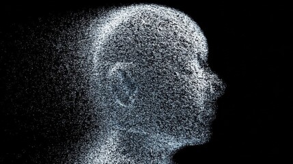 Abstract human head silhouette composed of tiny particles, detailed facial features, grayscale shades,