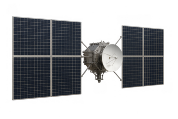 Satellite with solar panels and parabolic antenna generating power