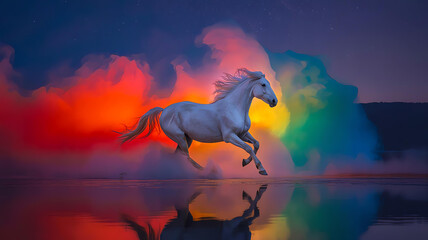 Majestic White Horse Running Through Colorful Powder Clouds in Fantasy Night Sky, Magical Galloping Horse Surrounded by Neon Dust and Cosmic Background