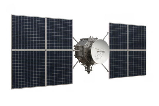 Satellite with solar panels and parabolic antenna generating power