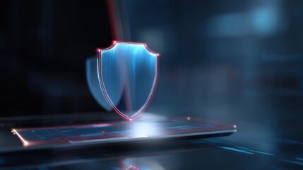 A glowing computer keyboard with a faint shield icon above it,