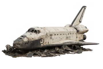 Abandoned space shuttle wreck on transparent background