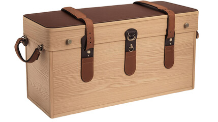 Wooden trunk with leather straps and handle against transparent background