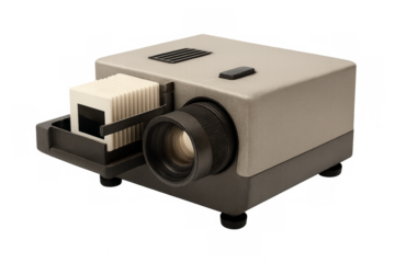 Vintage slide projector holding framed pictures transparent background