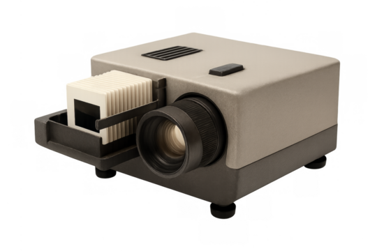 Vintage slide projector holding framed pictures transparent background