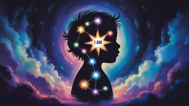Celestial Child Silhouette: An ethereal illustration, a child's silhouette becomes a canvas of cosmic wonders, depicting a galaxy of stars, constellations, and a guiding center of self-awareness. 