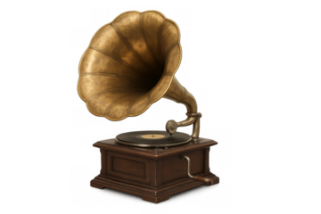 Vintage gramophone playing music on transparent background
