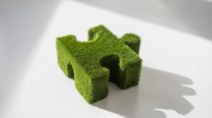 A green puzzle piece with grass-like texture rests on a white reflective surface,