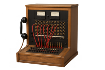 Vintage telephone switchboard connecting communication cables transparent background