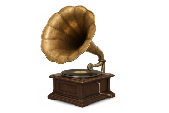 Vintage gramophone playing music on transparent background