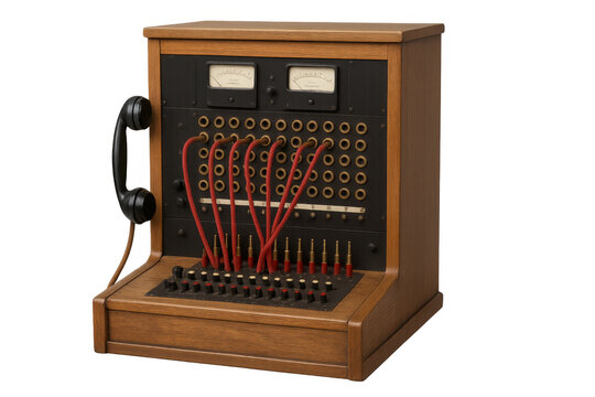 Vintage telephone switchboard connecting communication cables transparent background