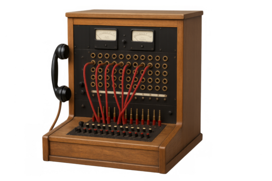 Vintage telephone switchboard connecting communication cables transparent background