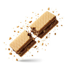 Broken chocolate wafer sticks with crumbs isolated on white background
