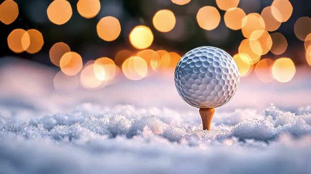 Golf ball on tee in snow with bokeh lights. Winter golf concept.