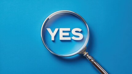 A magnifying glass focuses on the word YES in white capital letters against a solid blue background,