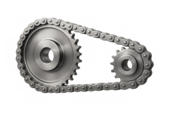 Metal chain connecting two gears on transparent background