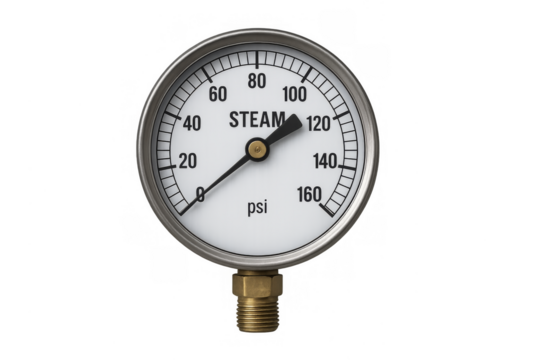 Industrial steam pressure gauge measuring psi displaying value