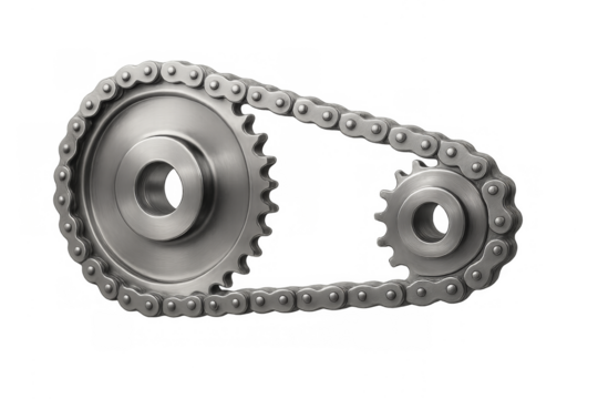 Metal chain connecting two gears on transparent background