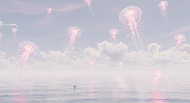 Dreamlike surreal seascape with a vast expanse of calm ocean water under a soft pastel sky filled with numerous glowing pink jellyfish floating