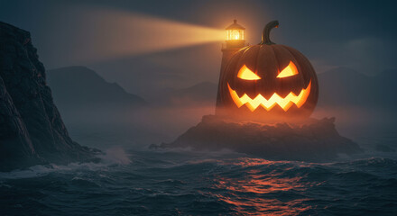 Halloween Enormous Pumpkin Lantern Overlooking Sea Beside Lighthouse